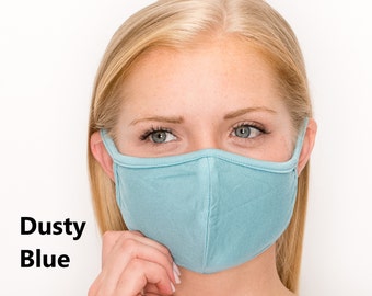 DUSTY BLUE Washable Stretch Cotton-Lined Face Mask, Double Layer & Filter Pocket, Great Fit, Made in USA, Fast Shipping