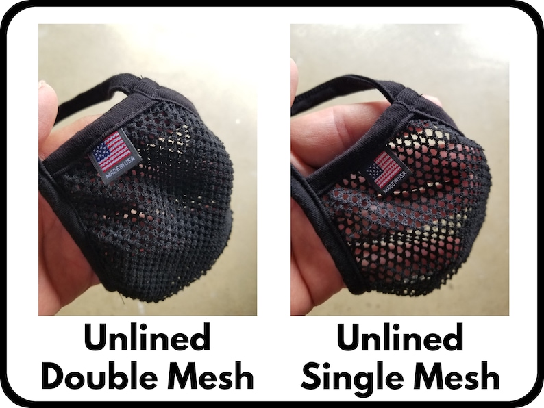 May include: Two black unlined face masks with mesh fabric. The mask on the left has a double layer of mesh, while the mask on the right has a single layer of mesh. Both masks have a small label that says "Made in USA".