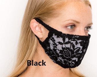 BLACK STRETCH LACE Washable Cotton-Lined Mask, Double Layer & Filter Pocket, Made in U.S.A., Featured in Retailreported.com