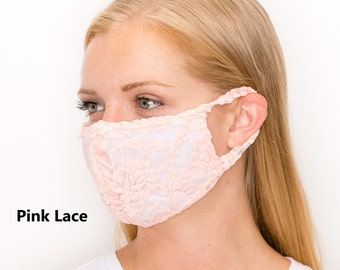 BABY PINK Stretch LACE Washable Cotton-Lined Mask, Double Layer & Filter Pocket, Made in U.S.A., Featured in Retailreported.com