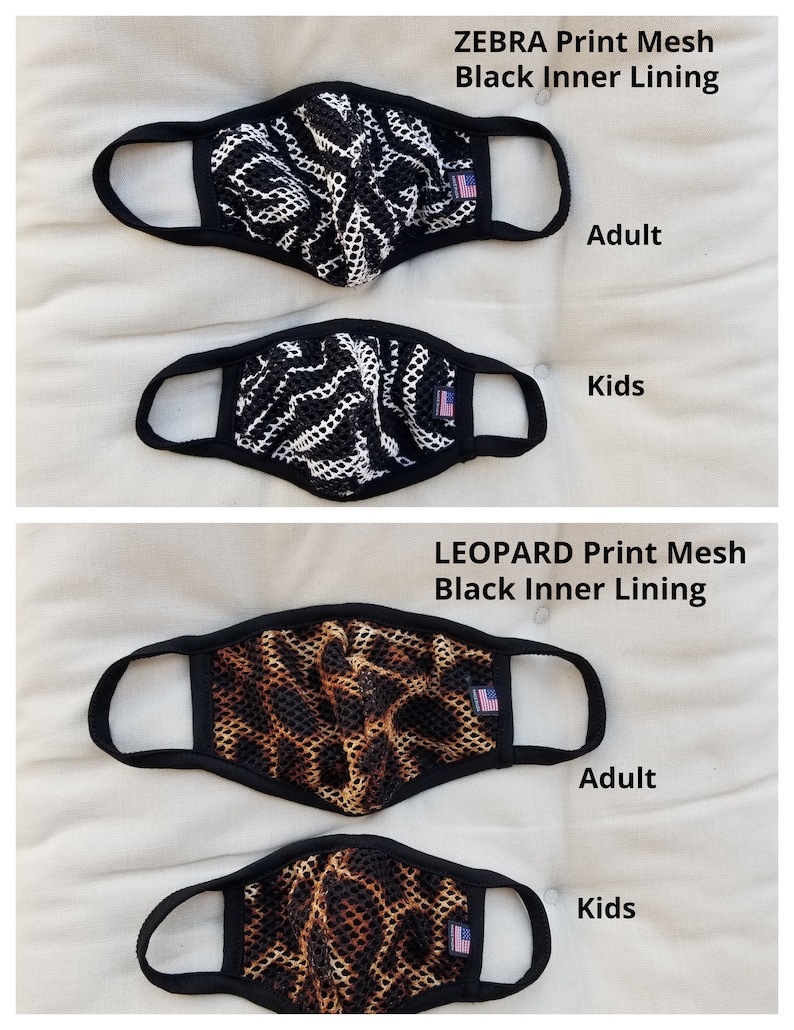 May include: Two pairs of black mesh face masks with either a zebra or leopard print. The masks have black inner linings and an American flag patch. The top pair is labeled "Adult" and the bottom pair is labeled "Kids".