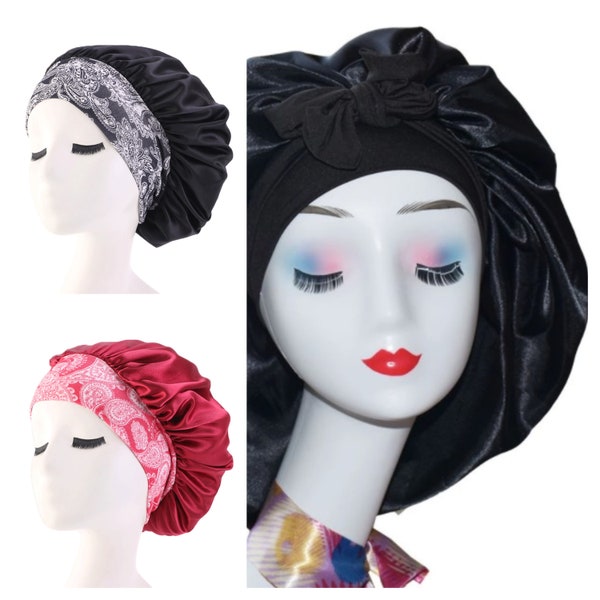 SATIN HAIR BONNET Head Wraps, With Stretch Fabric or Ties Opening, Regular and Oversized