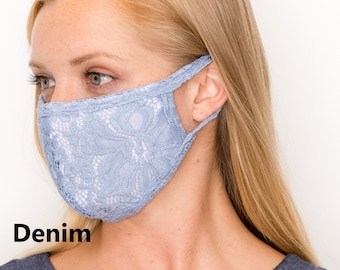 DENIM STRETCH LACE Washable Cotton-Lined Mask, Double Layer & Filter Pocket, Made in U.S.A., Featured in Retailreported.com