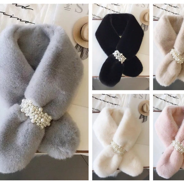 PLUSH FUR SCARF, Faux Rabbit Fur, Luxurious to the Touch, Faux Pearl Encrusted Hoop for Insert, Fast Shipping