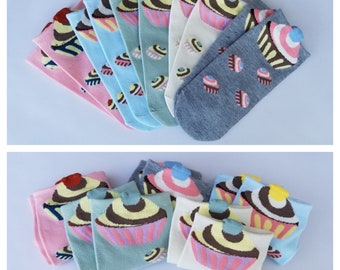 2 or 3 Pack CUTE FUN SOCKS, No Show Low Cut, Cupcake Motif and Design, Soft and Cozy, Women and Girls, Fast Shipping