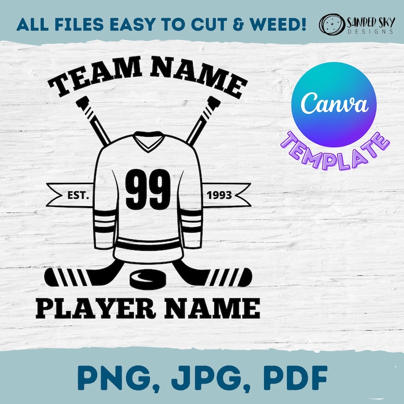 May include: Black and white hockey jersey design with crossed hockey sticks, a puck, and the text "TEAM NAME", "EST. 99 1993", and "PLAYER NAME".