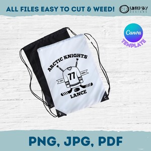 May include: White drawstring bag with a black hockey design. The design features two crossed hockey sticks, a hockey jersey with the number 77, and the text "Arctic Knights" and "Lance".