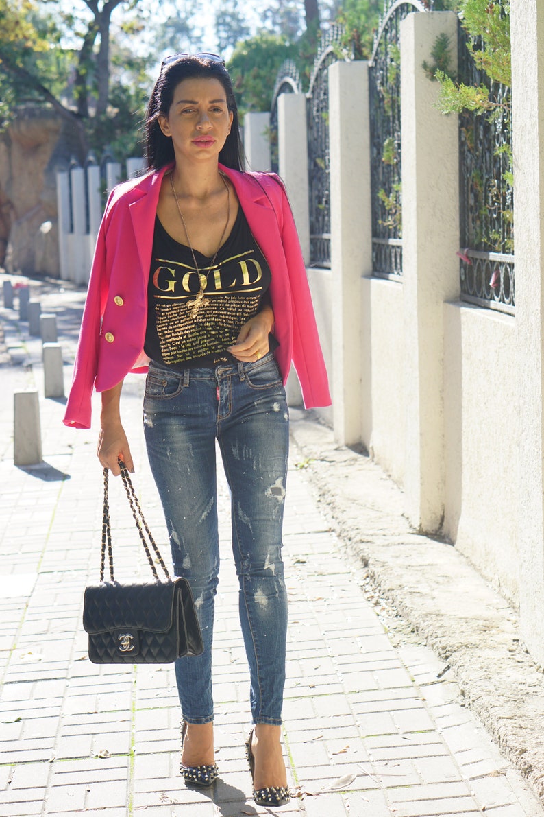 Women Classic Blazer pink jacket cyclamen gold button Designer Party mini style Mod Double Breasted BRAND SALMA designer Sewing workshop
