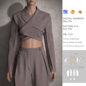 May include: A taupe-colored two-piece outfit consisting of a cropped blazer and high-waisted trousers. The blazer features a wrap-style design. The image also includes text that reads "DIGITAL GARMENT" and "NOT A SEWING PATTERN".