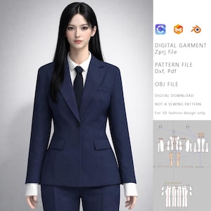 Puede incluir: Un traje azul marino, compuesto por una americana y un pantalón, usado con una camisa blanca con cuello y una corbata oscura. La americana tiene un cierre de un solo botón y bolsillos delanteros. Información del archivo de prenda digital.
