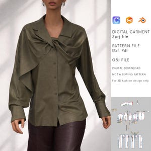 Può includere: Camicia verde oliva con bottoni e un design drappeggiato unico sullo scollo. La camicia a maniche lunghe ha colletto e polsini classici. Il testo a destra recita: DIGITAL GARMENT, PATTERN FILE, OBJ FILE, DIGITAL DOWNLOAD, NOT A SEWING PATTERN, For 3D fashion design only.