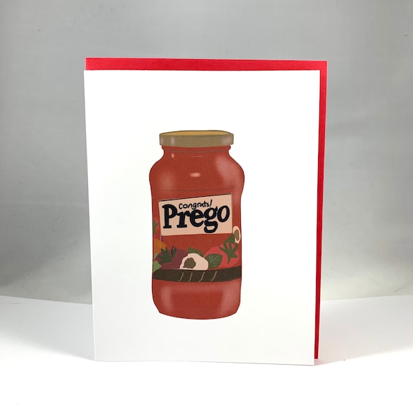 Prego- Baby/ Pregnancy Greeting Card, funny baby card, prego sauce card, food pun baby card, foodie baby card, italian food card