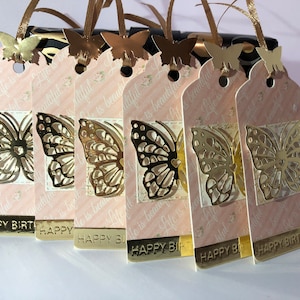 Lot de 6 étiquettes-cadeaux PAPILLON, élégantes cartes scintillantes de luxe, faites main, or rose, crème, nacre, joyeux anniversaire, papier La vie est belle