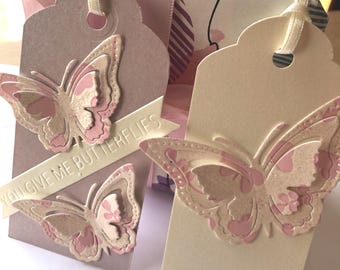 Handmade Butterfly Gift Tag Set, Shimmer Card, Pink & Cream, 4 Tags