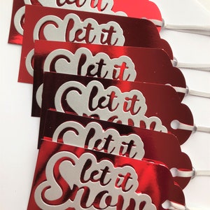 6 LUXURY Red silver HANDMADE Christmas gift tag set of 6 tags red mirror card Red Let it snow die cut with silver ribbon