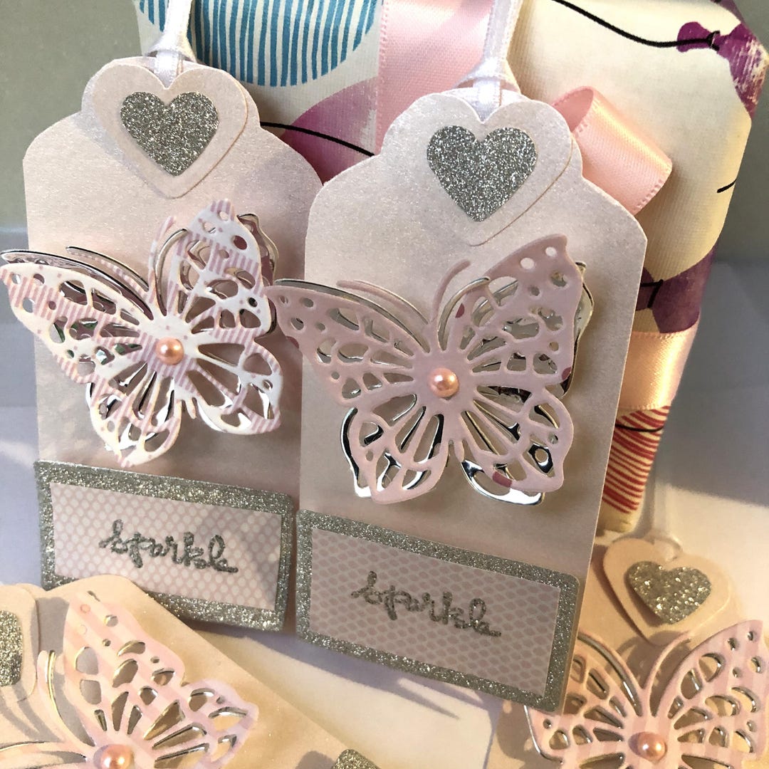 Handmade Pink Butterfly Gift Tag Set: Silver Sparkle Embellishment - Etsy