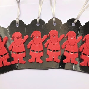 Etiquetas de regalo navideñas de Papá Noel x 6 LUJOSAS tarjetas plateadas con espejo hechas a mano de color rojo plateado Papá Noel rojo troquelado con cinta plateada