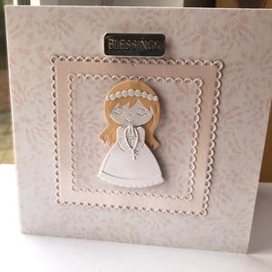 Carte de communion personnalisée rose faite main pour une fille, carte de bénédictions pour le jour de la communion, étiquette-cadeau assortie pour cérémonie religieuse