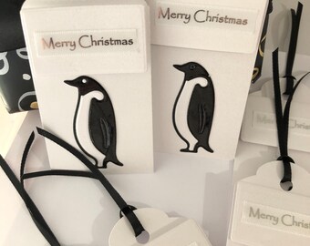 Handmade Penguin Christmas Gift Tags, Shimmer Card, Set of 6