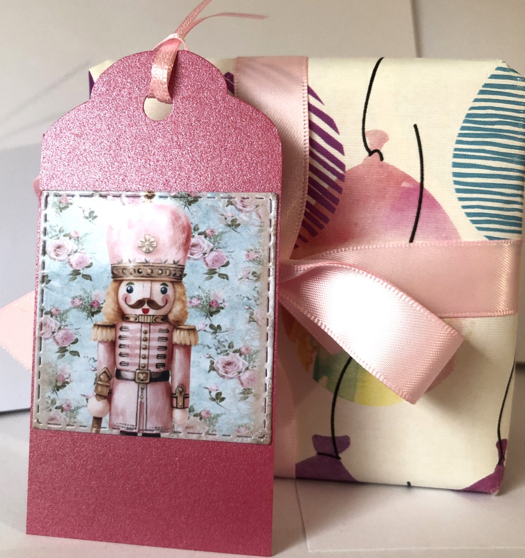Handmade Pink Christmas Gift Tag Set, Nutcracker & Floral, Satin Ribbon ...