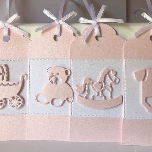 Baby Gift tags LUXURY HANDMADE Baby boy girl gift tag set of 4 pearl shimmer card Bear pram Babygo Rocking horse Mix Match Lilac Pink Blue