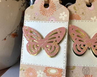 Handmade Butterfly Gift Tag Set, Peach Cream Gold Embossed, Set of 3
