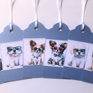 ETIQUETAS DE REGALO PARA PERROS Juego de 6 tarjetas de lujo hechas a mano de muchas razas de perros con brillo azul cielo, maltés, papillón, bichón frisé, pequinés, pomerania, mezcla o combinación