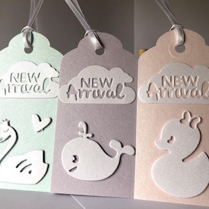 Lot de 5 étiquettes cadeaux pour bébé, LUXE FAIT MAIN, bébé garçon fille, perles scintillantes, cygne, canard, baleine, mélange assorties, lilas rose aigue-marine