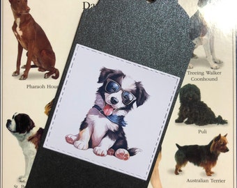 Marcador de página Border Collie, filhote artesanal com óculos escuros, presente para amantes de cães, personalização opcional.