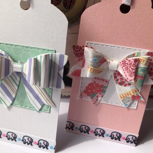 HANDMADE Baby bow gift tags x 6 set pearl shimmer card , Blue and pink 3d die cut bows, Baby elephant ribbon, Premium quality,