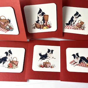 May include: Six square greeting cards with deep red borders, each featuring a white center panel with a detailed illustration of a black and white Border Collie dog in various picnic-themed scenes with wicker baskets and red checkered blankets.