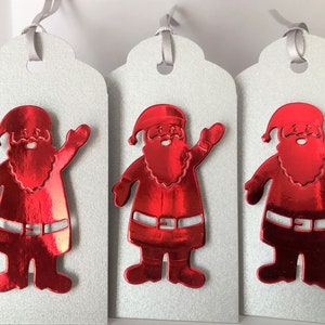 Lot de 6 étiquettes cadeaux de Noël LUXE en argent rouge, faites main, carte de voeux nacré argenté brillant, père Noël rouge découpé avec ruban argenté
