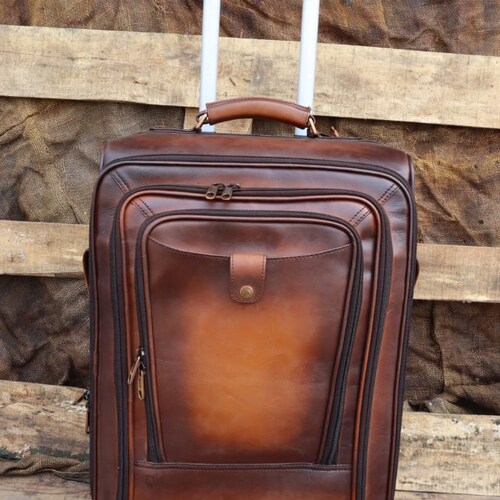 Leather Trolley Travel Bag Weekender Overnight Leather Bag Etsy