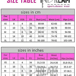 K&ouml;nnte beinhalten: Eine Gr&ouml;&szlig;entabelle von INDREAM sport & dance wear mit Ma&szlig;en in Zentimetern und Zoll. Die Tabelle enth&auml;lt die Gr&ouml;&szlig;en XS bis XL mit Brust-, Taillen- und H&uuml;ftma&szlig;en. Die Tabelle enth&auml;lt auch UK-, USA- und EU-Gr&ouml;&szlig;en.