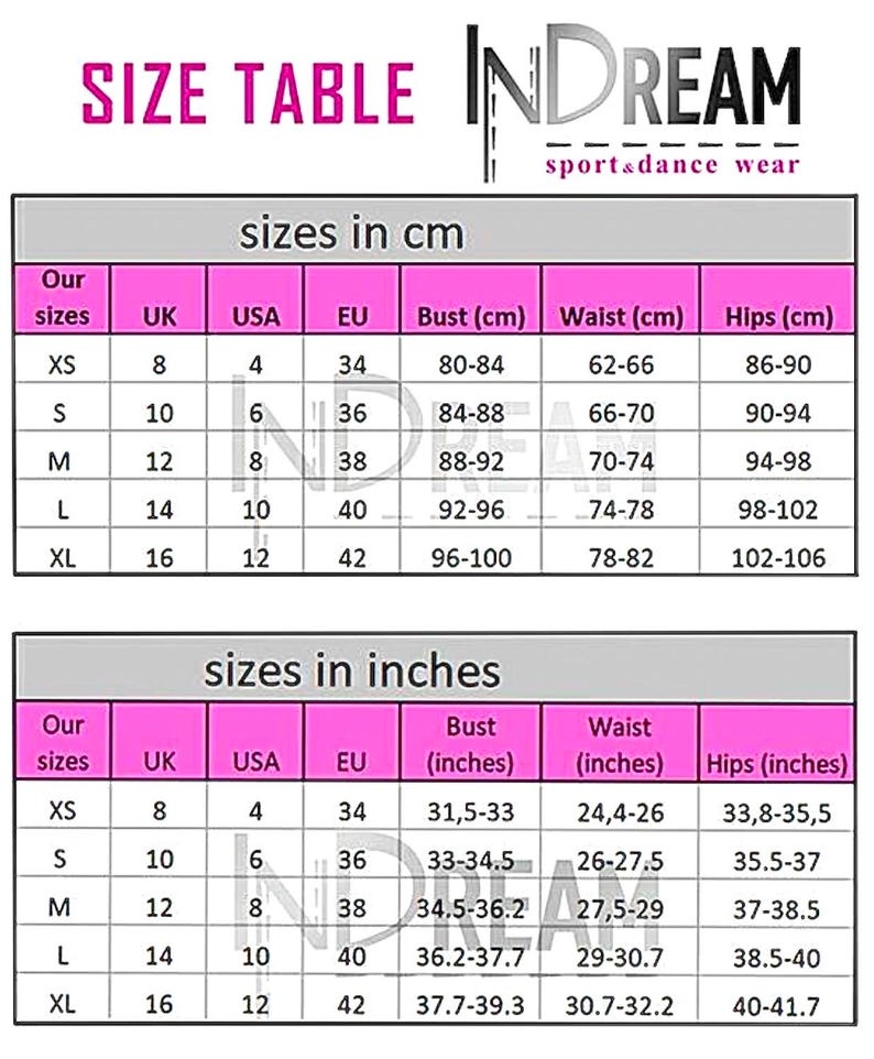 K&ouml;nnte beinhalten: Eine Gr&ouml;&szlig;entabelle von INDREAM sport & dance wear mit Ma&szlig;en in Zentimetern und Zoll. Die Tabelle enth&auml;lt die Gr&ouml;&szlig;en XS bis XL mit Brust-, Taillen- und H&uuml;ftma&szlig;en. Die Tabelle enth&auml;lt auch UK-, USA- und EU-Gr&ouml;&szlig;en.