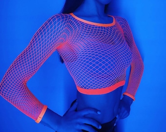 Neon acid fishnet top and tights neon orange or green mesh UV reactive fishnet outfits