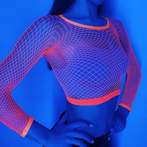 Neon acid fishnet top and tights neon orange or green mesh UV reactive fishnet outfits