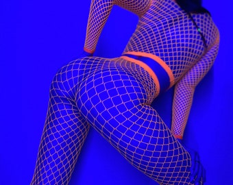 Vêtements de danse exotiques Haut et collants résille acidulés orange pour une soirée disco réactive aux UV Bas résille Culotte résille Body rave