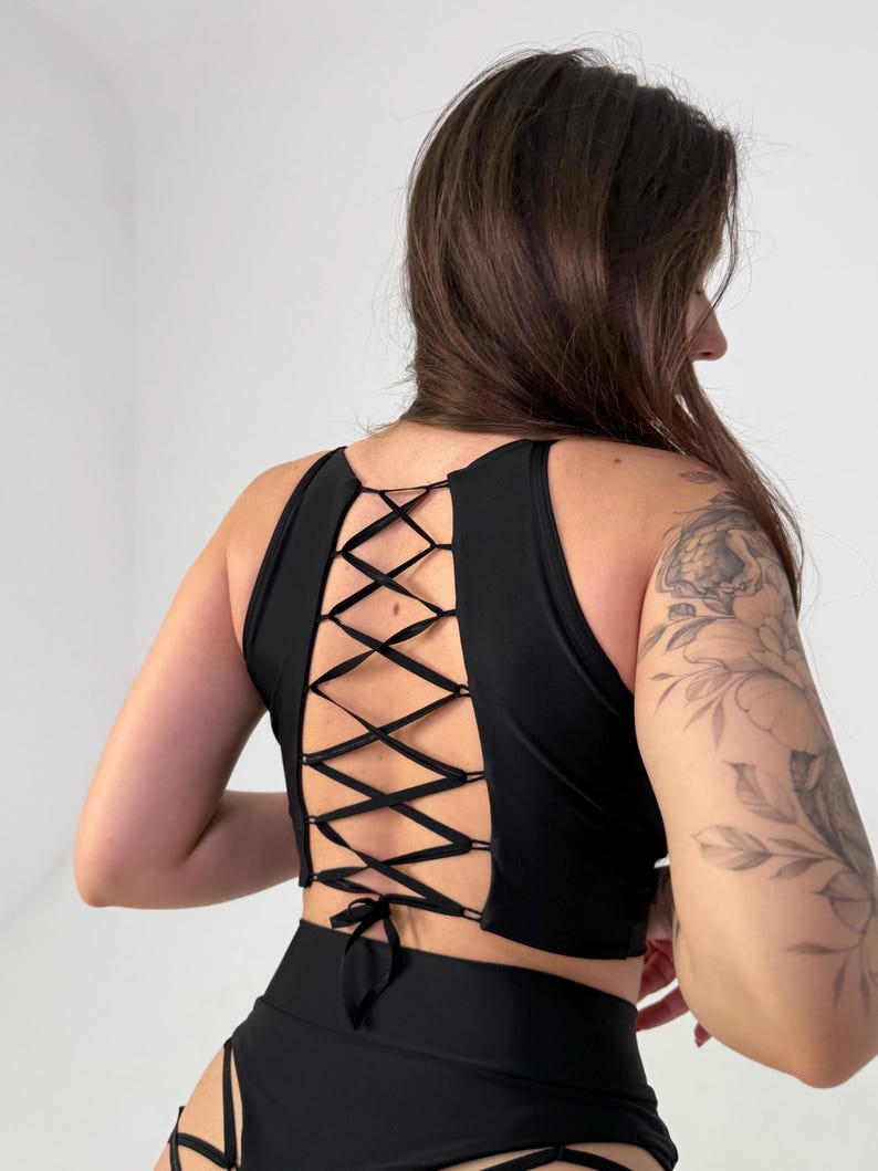 Booty shorts and corset top lace-up set for rave & Pole Dance aerial outfits image 14