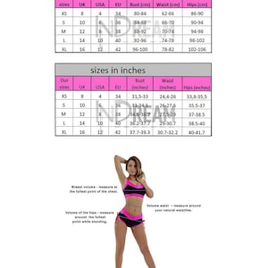 May include: Size chart for sport and dance wear, with measurements in inches and centimeters. The chart includes bust, waist, and hip measurements for sizes XS to XL. A model is shown wearing a black and pink sports bra and shorts.