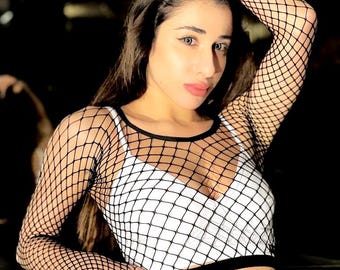Malla superior negra de rejilla y/o medias para fiesta de pole dance rave, ropa transparente para festivales