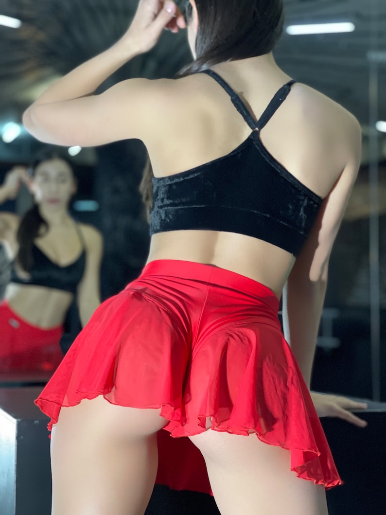 See through skirt with high waisted under shorts for ballet, rave, pole dance and aerial with flared ruffles zdjęcie 6