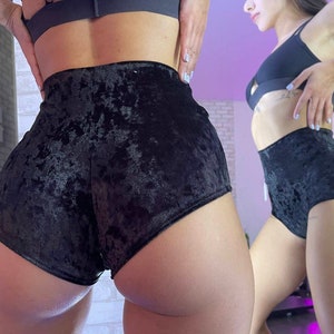 High waisted booty shorts for rave gig festivals pole dance of black stretchy velvet