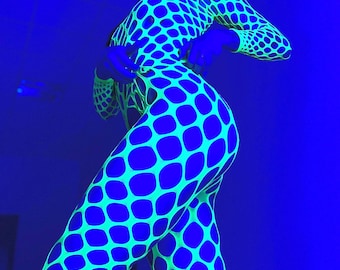 Tuta fluorescente a rete: tuta attillata da rave con luce nera UV, costume da festa con acido al neon