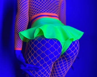 Blacklight rave shorts and fish net tights, neon orange UV fishnet stockings, Festival acid  outfits
