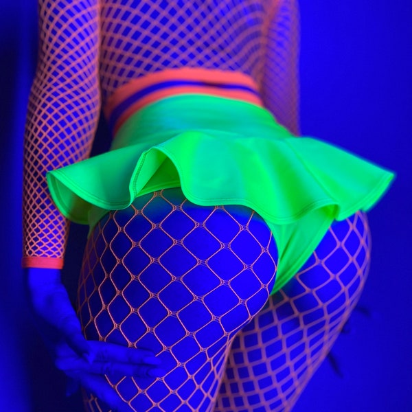 Blacklight rave shorts and fish net tights, neon orange UV fishnet stockings, Festival acid  outfits