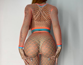 Rave women set Neon acid fishnet top and tights neon orange plus cian blue mesh UV reactive fishnet outfits