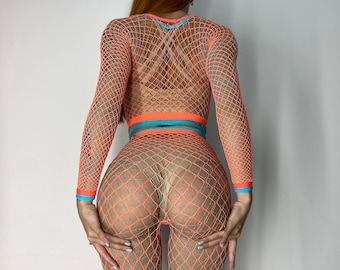 Neon Fishnet Rave Set: UV Reactive Top and Tights