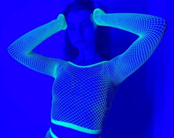 Rave festival outfits UV reactive Mesh fishnet top and tights Neon acid green outfits