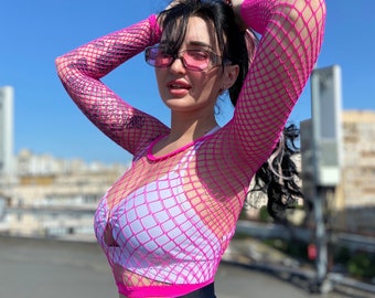Neon hot pink mesh crop top and white bra for rave, festival,  dance outfits